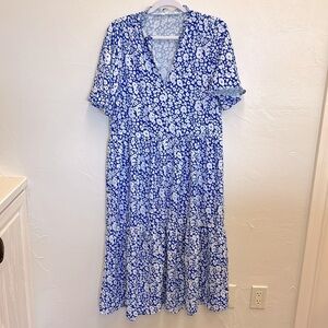 Women’s Dress Midi Style Blue Floral Flowy Short Sleeve Ruffle Neck Tiered Loose